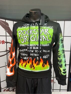 Rockstar Original Graphic Hoodie - Black with Green & Orange Flame Accents
